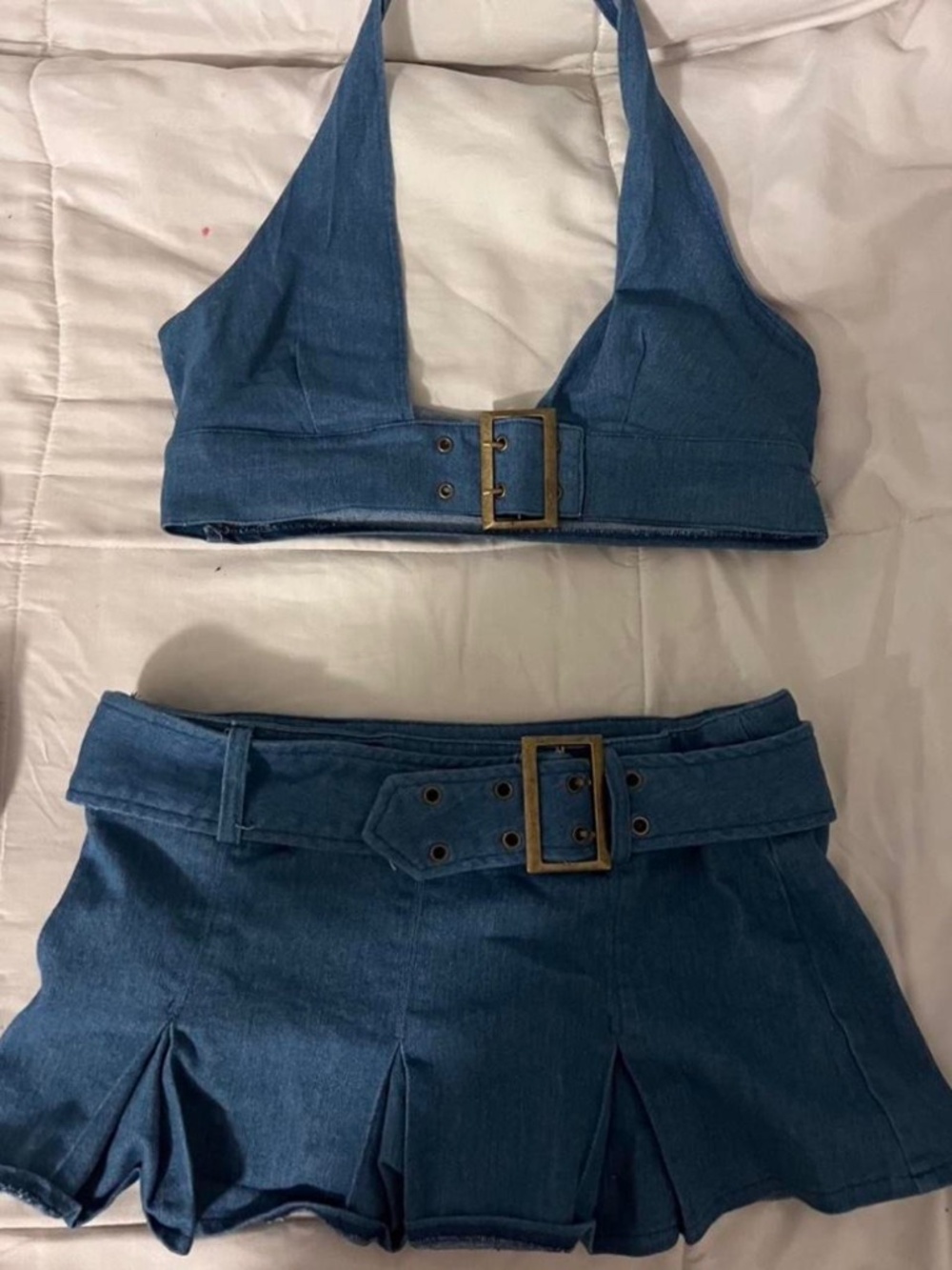 Y2K Blue Buckle Denim Halter Top & Pleated Mini Skirt Set